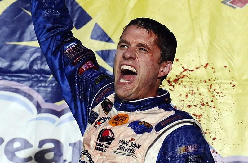 David Ragan celebrates after winning the Aaron's 499 on Sunday at Talladega Superspeedway in Talladega, Ala.