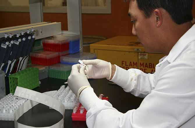 This undated photo provided by Genomic Health shows Andy Dang, a lab assistant at the company, labeling cancer tissue sample transfer tubes for an RNA extraction process. The company's new genetic test to gauge the aggressiveness of prostate cancer may help tens of thousands of men each year decide whether they need to treat their cancer right away or can safely monitor it. The test is planed to be discussed Wednesday, May 8, 2013 at an American Urological Association conference.