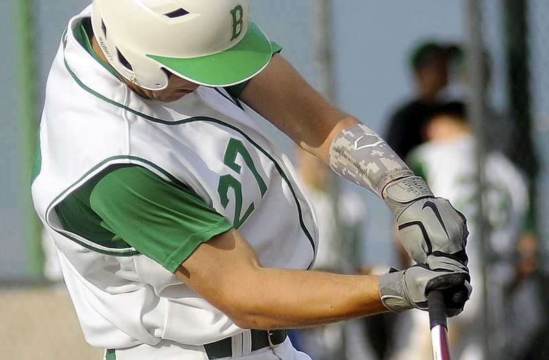 Logan Gratz of Blair Oaks connects for a game-ending RBI double in the bottom of the sixth inning during Wednesday's game against North Callaway at the Falcon Athletic Complex.