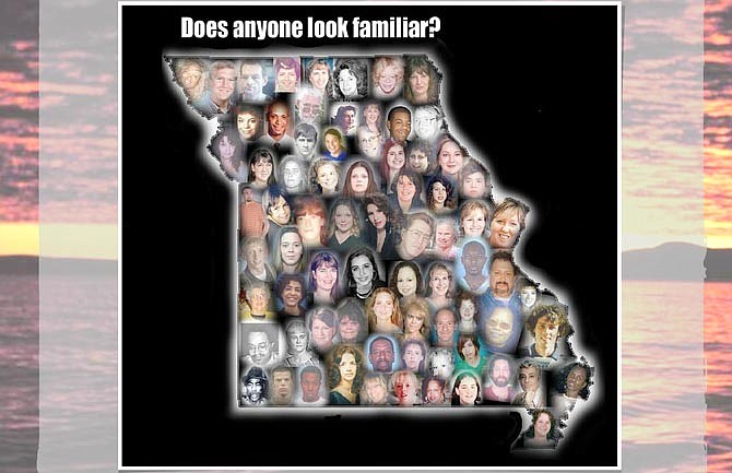 This composite image of missing persons' photographs graces the home page of MissouriMissing.org. 