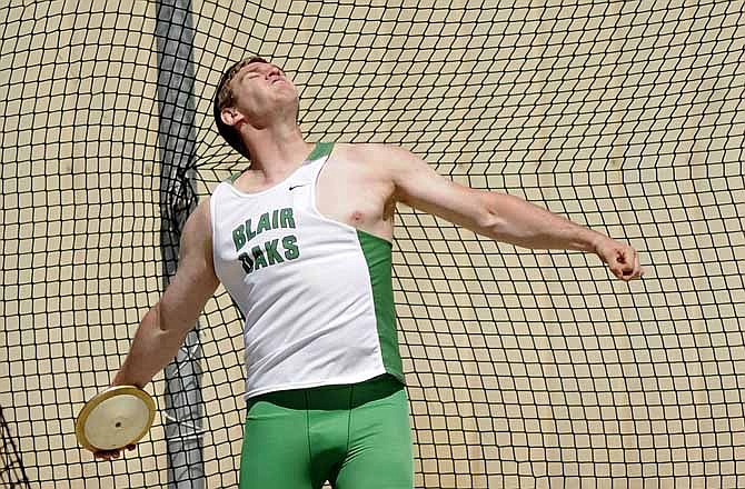 John Karsten of Blair Oaks prepares to release the discus during a throw Saturday in the Class 3 District 5 Track and Field Championships at Adkins Stadium in Jefferson City. Karsten won the event.