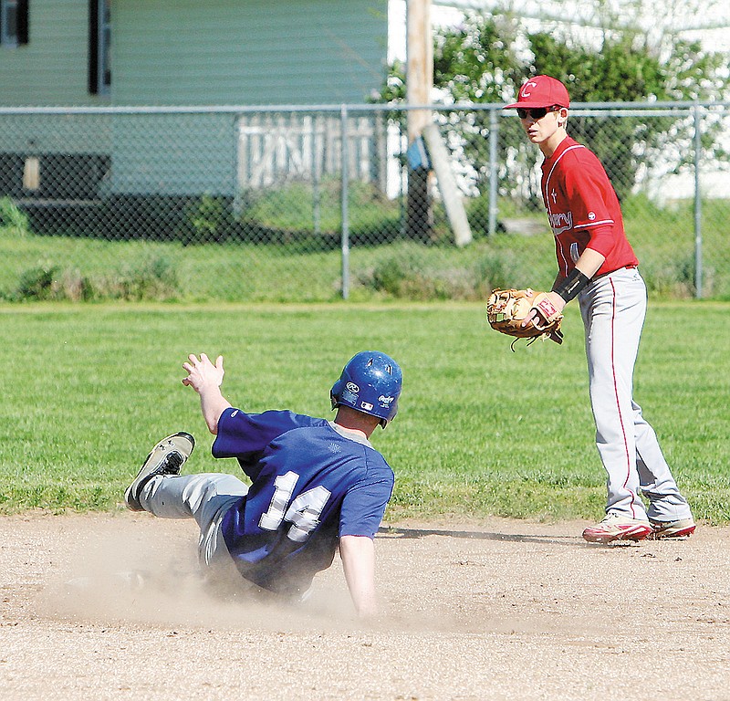 Jamestown's Evan Knierim steals second base during the Class 1 District 10 opener against Calvary Lutheran Saturday at New Franklin.