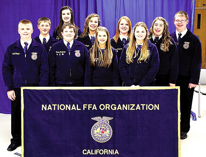 The new California FFA officers for 2013-14 inducted at the annual banquet are Libby Martin, Caitlin Meyer, Kylee Ratcliff, John Wolken, Paige Halsey, Lauren Heather, Ethan Hodges, Jacob Hoellering, Madelyn Jobe, and Luke Burger.    