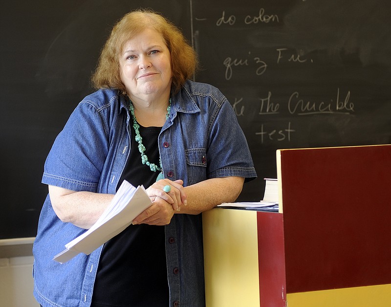 English teacher Mary Ellen Laden pauses in her Jefferson City High School classroom.