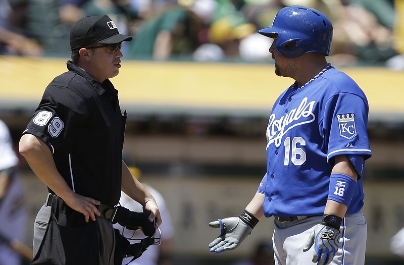 Billy Butler of the Royals argues a called strike three with home plate umpire Cory Blaser in the third inning of Sunday's game against the Athletics in Oakland, Calif.