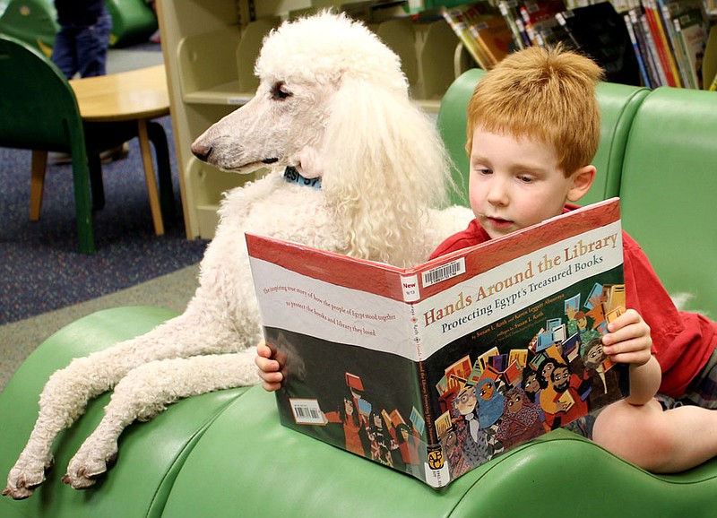 Abram Snider reads to Desi, a therapy dog standard poodle, Monday morning at the Callaway County Public Library. Youngsters took turns practicing their reading skills to two therapy dogs brought to the library by Judy Harris of River Poodles in New Bloomfield.