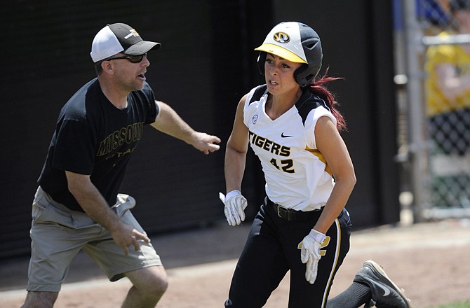 Princess Krebs is sent home by Missouri coach Ehren Earleywine during a game on Saturday, May 18, 2013 against Hofstra in Columbia.
