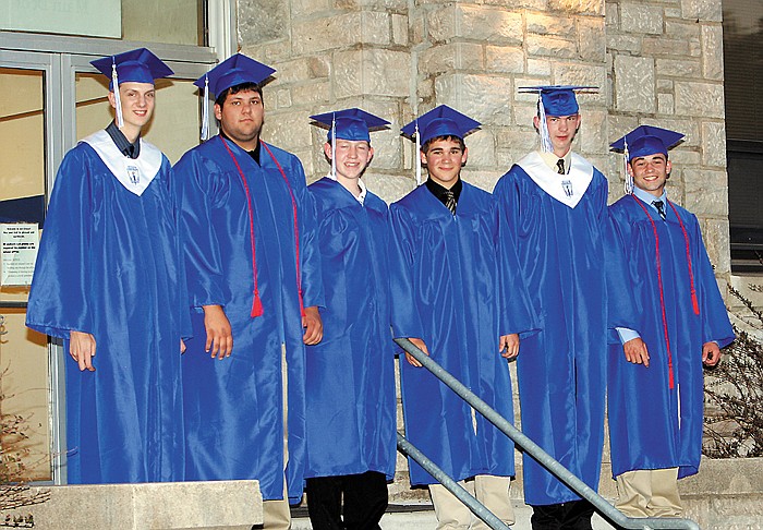 Proudly posing as new graduates following the Jamestown C-I Commencement Friday, from left, are Isaac Duncan, Kellan Flippin, Phillip Marshall, Andrew Hardwick, Matt Hendrickson and Josh Clevenger.  