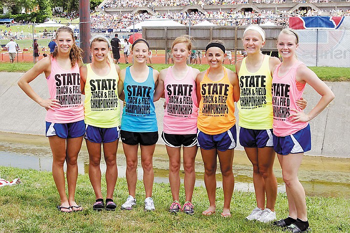 Competing for Russellville High School in the girls' division at the Class 2 State Track and Field Championships Friday-Saturday at Dwight T. Reed Stadium, Jefferson City, from left, are Miranda Hill, Jorden Barnhart, Taylor Young, Grace Young, Emma Koestner, Hannah Campbell and Justice Miller. The relay team of Miller, Koestner, Campbell and Barnhart placed second in the 4x200 Meter Relay with  1:47.14, and third in the 4x100 Meter Relay with 51.12 to earn All-State honors, while Taylor Young placed fourth in the Pole Vault with 9'3" to earn All-State honors.