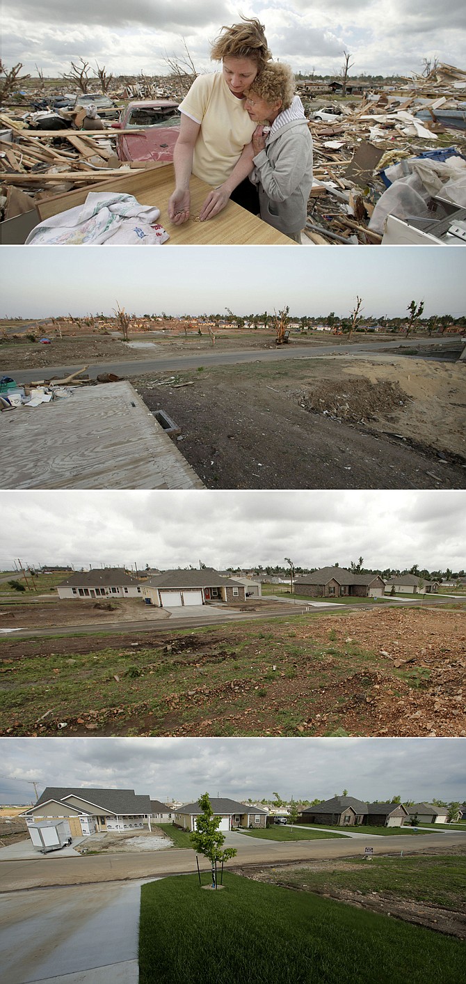 This four-photo combo shows a scene taken on May 25, 2011, top, July 20, 2011, May 7, 2012, and May 10, 2013, bottom, showing progress made in Joplin, in the two years after an EF-5 tornado destroyed a large swath of the city and killed 161 people. In the top photo, Beverly Winans hugs her daughter Debbie Surlin while salvaging items from Winans' devastated home which today is rebuilt. 