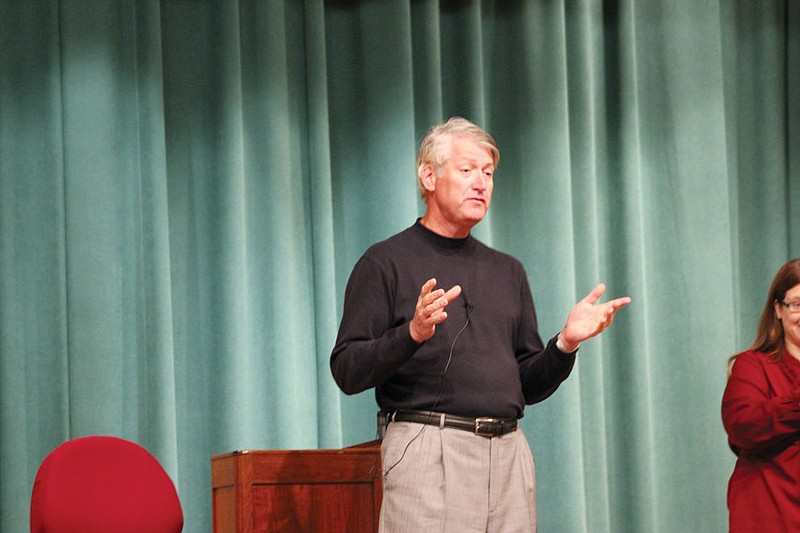 Joel Stack, founder of RESPECT, International, greets a crowded Ingle Auditorium at Missouri School for the Deaf Thursday. Stack was in Fulton Wednesday and Thursday working with Fulton State Hospital staff and clients, which culminated in a public speech Thursday on the importance of respect in the mental health environment.