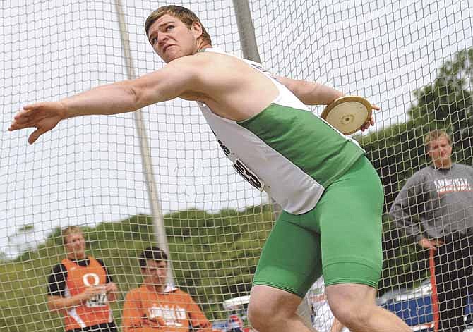 Blair Oaks' John Karsten hurls the discus Saturday at Dwight T. Reed Stadium. The junior took third place in the Class 3 state championship.