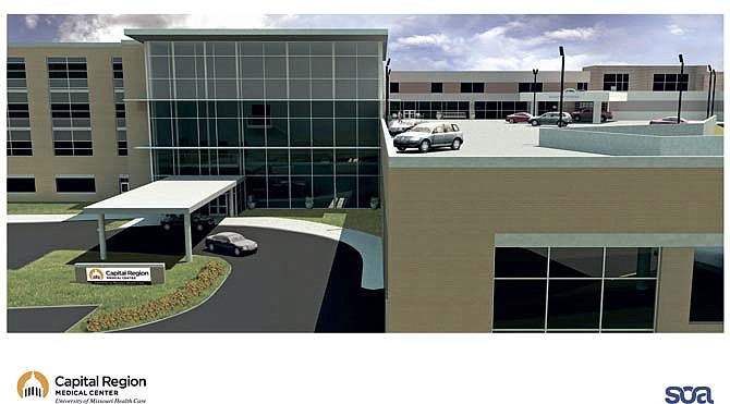 Above is an architect's conception of expansion plans announced May 23, 2013, at Capital Region Medical Center in Jefferson City, looking east from Madison Street where Woodlawn Avenue now intersects. At left is the new construction planned, while the existing facility is depicted at right.