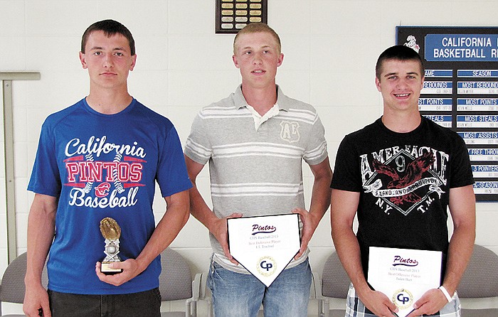 California High School baseball players who received awards a the CHS Baseball Reception May 21 at the high school commons, from left, are Dylan Albertson, Pinto Award; JT Trachsel, Best Defensive Player Award; and Jaden Barr, Best Offensive Player Award. (Jason Wolverton was awarded the Most Improved Player Award and the Scheidt Award, however, he was not present.)