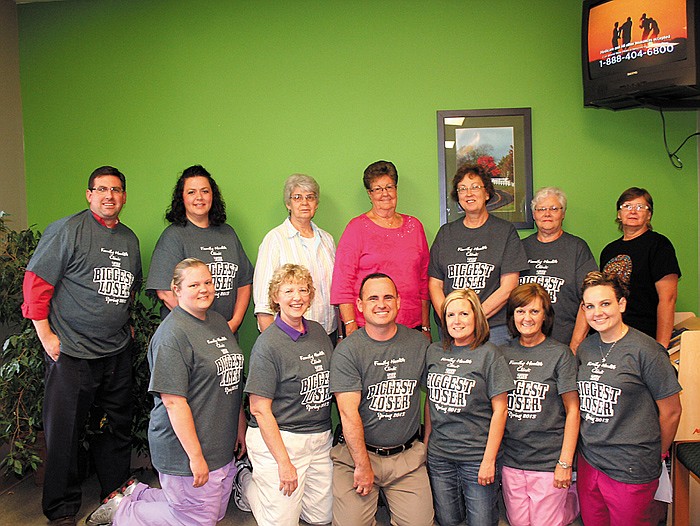 Area participants of The Biggest Loser Spring 2013 Contest in California April 3-May 22, shown May 22 at JCMG, California, front row, from left, are Lynnette Morse, Dr. Sara Bohn,  Micky Sommerer, Tammy Sommerer, Linda Baer and Jalin Bolinger; back row, Dwight Hatfield, Suzanne Strein, Virginia Kirchhoff, Betty Kirchoff, Joyce Crook, Doris Imhoff and Denise Russell. (Sally Vogel, Gwen Fletcher, Lynn Nolasco, Brandi Phillips, Isabella Phillips, Jill Hampton, Angie Butts, Kristina Craven, Emma Huhmann, Brenda Hickman, Brian Driscol, Tammy Bleich and Melinda Fast were not present for the picture.)