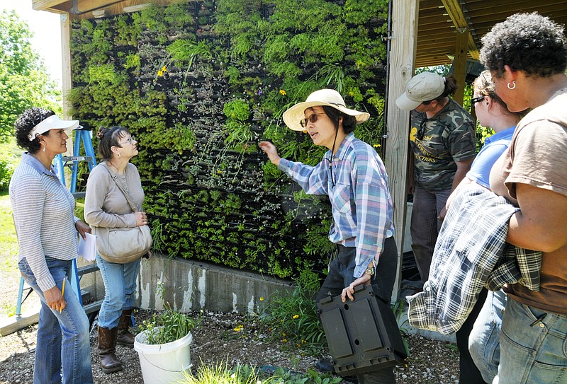 Associate Professor Hwei-Yiin Johnson, middle right, talks about the green wall during her presentation regarding composting and non-typical ways to grow using composted or organic soils. At left is Greenhouse Manager Isabel Jacome and interested gardener, Sharon Privett.
