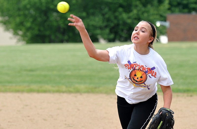 Claire Ludwig throws the ball to home plate during fielding practice Tuesday at Helias' softball camp. 