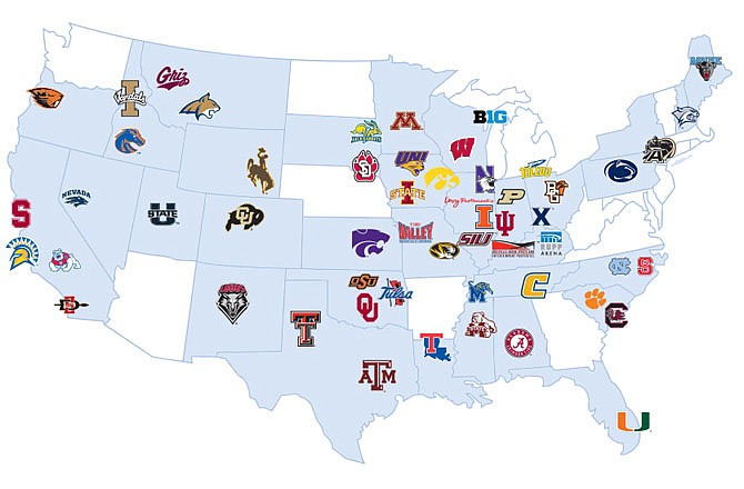 In this map from its website, Learfield Sports depicts the 50-plus universities who partner with the company to produce sports content.