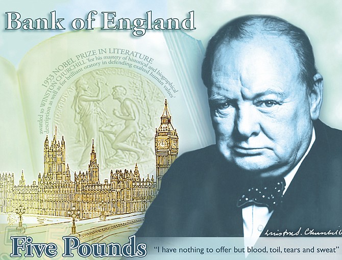 A computer generated file image provided by the Bank of England shows the concept design for the reverse of the new 5-pound note, with a picture of former British Prime Minister Winston Churchill. The Bank of England's chief has hinted that Jane Austen could become the new face of Britain's 10-pound note.