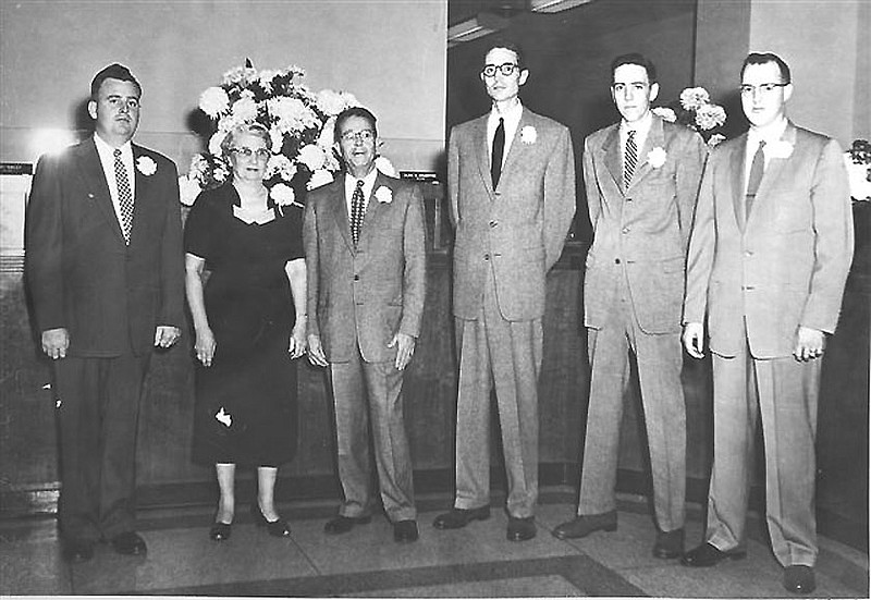 (From left) The Callaway Bank board officers Curt Yancey, Lola Keith, Morris Davis, John C. Harris, O.T. Harris and Maurice Curtis in 1957, the same year John Harris became president of The Callaway Bank. John Harris, longtime Fulton banker and community leader, died Thursday morning at the age of 96.