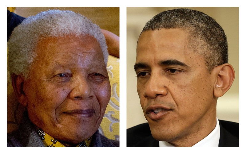 Nelson Mandela on Aug. 8, 2012, left, and President Barack Obama on May 31. It was as a college student that President Barack Obama began to find his political voice. Inspired by Nelson Mandela's struggle against South Africa's apartheid government, Obama joined campus protests against the white racist rule that kept Mandela locked away in prison for nearly three decades. Now a historic, barrier-breaking figure himself, Obama arrived in South Africa on Friday to find a country drastically transformed by Mandela's influence, and a nation grappling with the beloved 94-year-old's mortality.