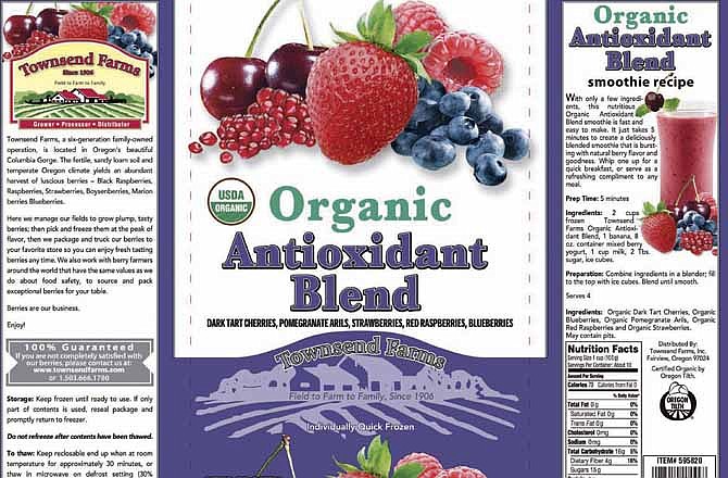 This handout image provided by the Food and Drug Administration (FDA) shows the label of Townsend Farms of Fairview, Ore., Organic Antioxidant Blend, packaged under the Townsend Farms label at Costco and under the Harris Teeter brand at those stores. The Oregon company is recalling a frozen berry mix sold to Costco and Harris Teeter stores after the product was linked to at least 34 hepatitis A illnesses in five states.