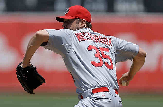 St. Louis Cardinals' Jake Westbrook works against the Oakland Athletics in the first inning of a baseball game Sunday, June 30, 2013, in Oakland, Calif. 