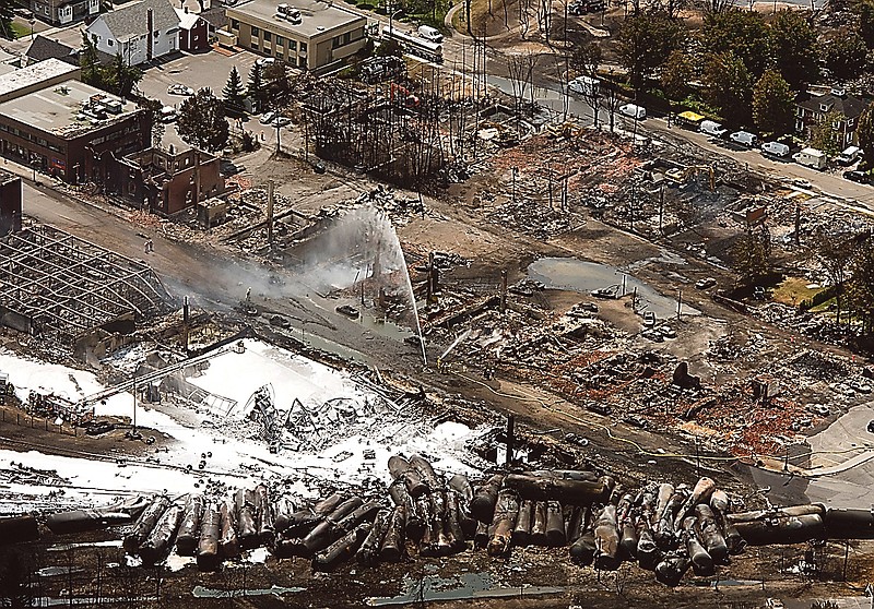 Foam covers a train wreck in Lac-Megantic, Quebec.