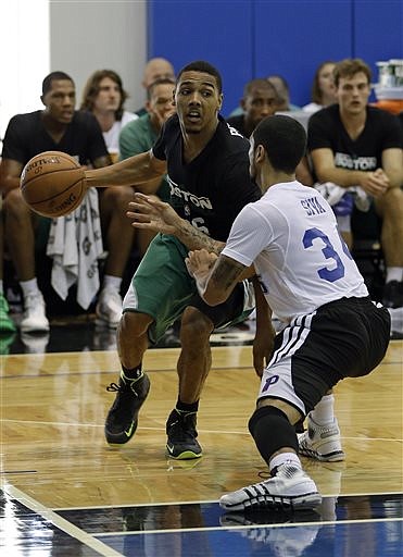 Phil Pressey of the Celtics makes a move to get around Peyton Siva of the Pistons during an NBA summer league game Monday in Orlando, Fla.