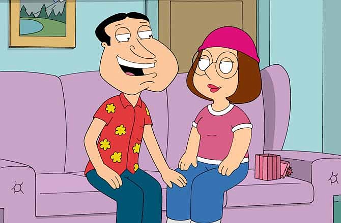 This publicity photo released by Fox shows teen character Meg, right, and Quagmire, in a scene from Fox's animated sitcom "Family Guy." Teenage female characters are sexual fodder for network TV series, especially comedies, according to a study from the Parents Television Council released Tuesday, July 9, 2013. 
