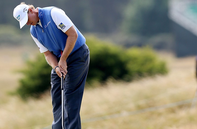 Ernie Els putts during a practice round Monday ahead of the British Open that begins Thursday in Muirfield, Scotland.