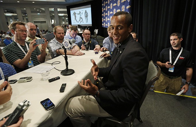 Missouri quarterback James Franklin talks with reporters Tuesday during the Southeastern Conference media days in Hoover, Ala.