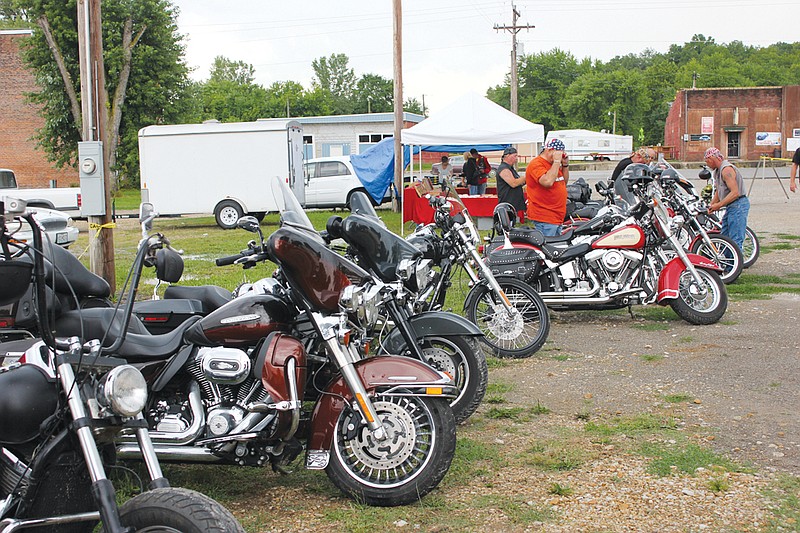 A line of bikes sits outside of the Amvets Post 153 building in Mokane for the eighth annual Frogs and Hogs Festival and recruitment drive. All proceeds from the event, which includes barbecue pulled pork and fried frog legs, will go on to benefit mid-Missouri veterans.