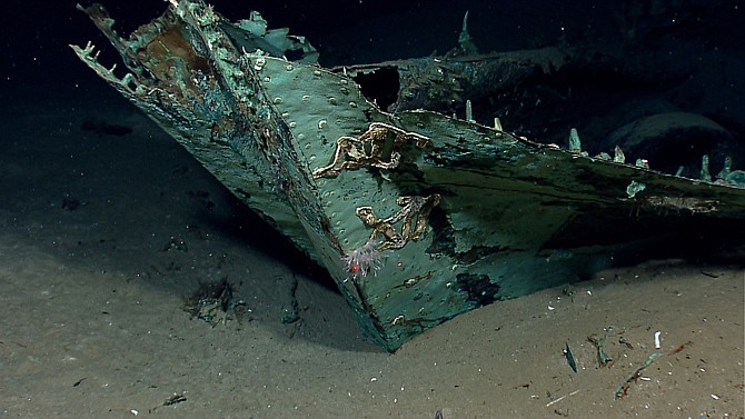 This photo provided by the NOAA Okeanos Explorer Program shows oxidized copper hull sheathing and possible draft marks visible on the bow of a wrecked ship in the Gulf of Mexico about 170 miles from Galveston, Texas. 