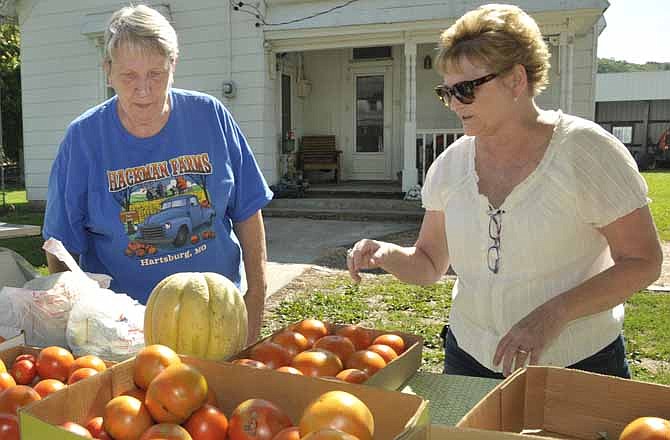 Leslie Roby, right, of Columbia, makes the trip about once a week to purchase produce from Jo Hackman at her stand in front of her home. Hackman, who, with her husband used to farm large acreage, now raises fresh produce and pumpkins to sell at her stand.