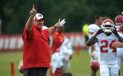 Chiefs coach Andy Reid directs his teams during training camp Monday in St. Joseph.