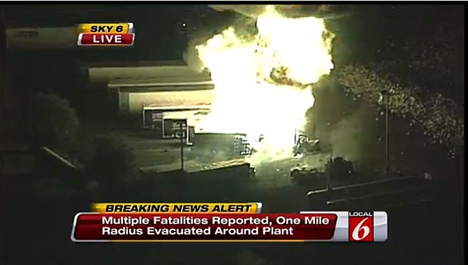 This frame grab provided by WKMG TV shows the fire at the Blue Rhino plant in Tavares City, Fla., Monday night. A series of major explosions at a Florida gas plant has injured several workers and left others missing. Lake County Sheriff Gary Borders says the blasts occurred inside the plant and blew the roof off.
