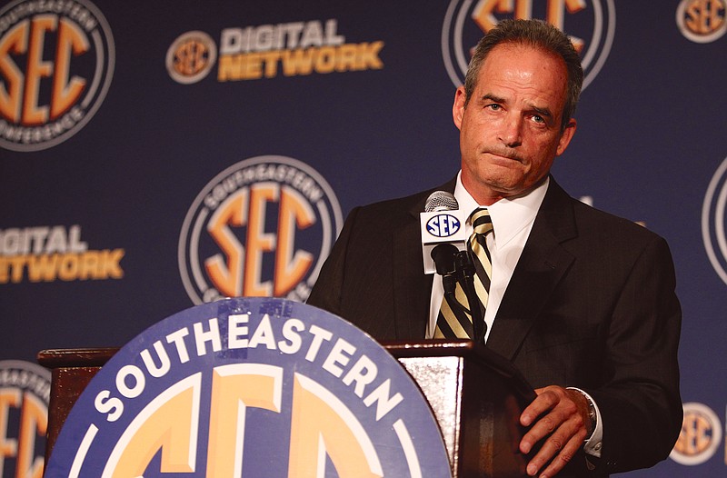 Missouri Coach Gary Pinkel speaks to the media during SEC media days last year in Hoover, Ala.