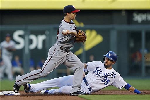 Twins second baseman Brian Dozier forces out the Royals' Eric Hosmer while turning a double play during the first inning Tuesday at Kauffman Stadium in Kansas City.