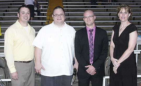 Serving at the Vespers Service at the Moniteau County Fairgrounds Sunday, Aug. 4, are, from left: Eddie Schoeneberg, Pastor of Main Street Baptist Church; Andrew Lovins, Pastor of California and Salem United Church of Christ Congregations; Jeremy Barnard, Pastor of Lebanon Baptist Church; and Michele Bilyeu, California High School Vocal Music Director. Lovins presented the main messege. Schoeneberg gave the offering message and prayer. Barnard served as song leader and sang a duet with Bilyeu.  