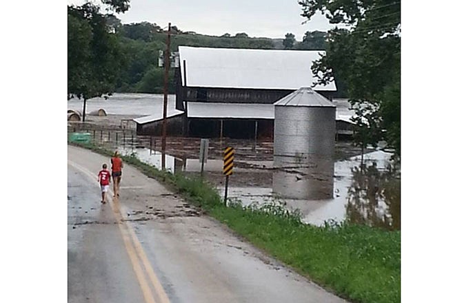 Floodwaters inundate a farm in Miller County.