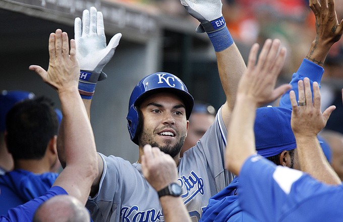 Eric Hosmer celebrates with his Royals teammates after his two-run home run in the third inning of the second game in Friday's doubleheader against the Tigers in Detroit.
