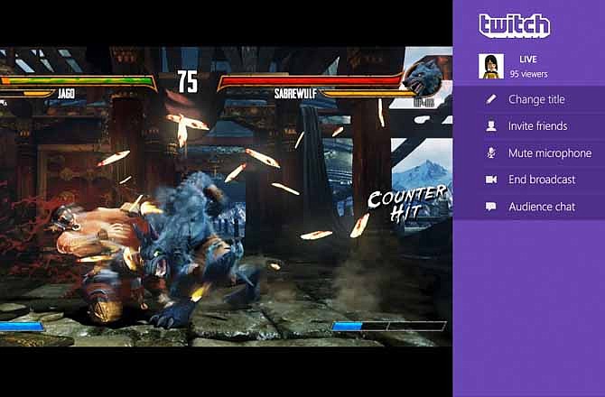 This undated publicity photo released by Microsoft/Twitch shows the streaming video service, Twitch, broadcasting the fighting game, "Killer Instinct," on Xbox One. Twitch will be coming to the Xbox One, as well as the PlayStation 4. By hitting the "Share" button on the Dualshock 4 wireless controller, PS4 users will be able to broadcast their gameplay directly to Twitch.