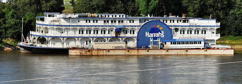 The former Harrah's casino boat Kanesville Queen is now moored on the north bank of the Missouri River in Jefferson City. It is located directly across the river from the Capitol, near Capital Sand plant in North Jefferson City.
