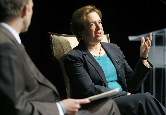 U.S. Supreme Court Justice Elena Kagan, speaks with Brown University historian Ted Widmer Tuesday during a forum at Chase Theater in Providence, R.I.