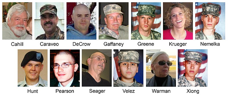 The victims killed during the 2009 shooting rampage at Fort Hood, Texas are, from top left, are: Michael Grant Cahill, 62, of Cameron, Texas; Maj. Libardo Eduardo Caraveo, 52, of Woodbridge, Va.; Staff Sgt. Justin M. DeCrow, 32, of Evans, Ga.; Capt. John Gaffaney, 56, of San Diego, Calif.; Spc. Frederick Greene, 29, of Mountain City, Tenn.; Spc. Jason Dean Hunt, 22, of Frederick, Okla.; Sgt. Amy Krueger, 29, of Kiel, Wis.; Pfc. Aaron Thomas Nemelka, 19, of West Jordan, Utah; Pfc. Michael Pearson, 22, of Bolingbrook, Ill.; Capt. Russell Seager, 51, of Racine, Wis.; Pvt. Francheska Velez, 21, of Chicago; Lt. Col. Juanita Warman, 55, of Havre de Grace, Md.; and Pfc. Kham Xiong, 23, of St. Paul, Minn. Maj. Nidal Hasan has been convicted of murder Friday for the 2009 shooting rampage at Fort Hood that killed 13 people and wounded more than 30 others.