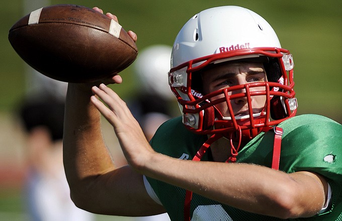 Jays quarterback Gabe Marcantonio warms up prior to a practice session earlier this month at Adkins Stadium. 