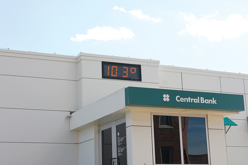 The Central Bank thermometer on Fifth Street in downtown Fulton reads 103 degrees Thursday afternoon. With an anticipated heat index over 100 today, the Fulton and South County football games have been postponed to 8 p.m.