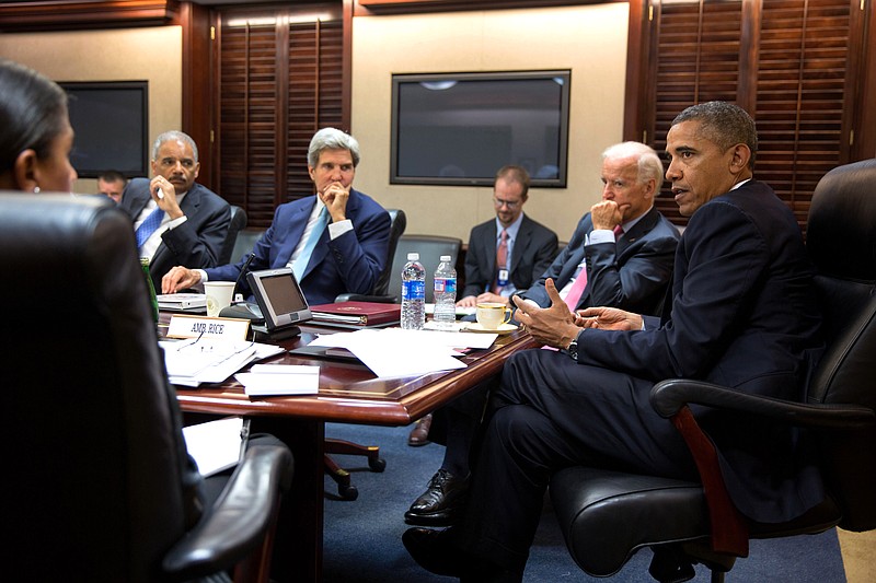 President Barack Obama meets with his national security staff Friday to discuss the situation in Syria, in the Situation Room of the White House, including (from left) national security adviser Susan Rice; Attorney General Eric Holder, Secretary of State John Kerry, and Vice President Joe Biden.