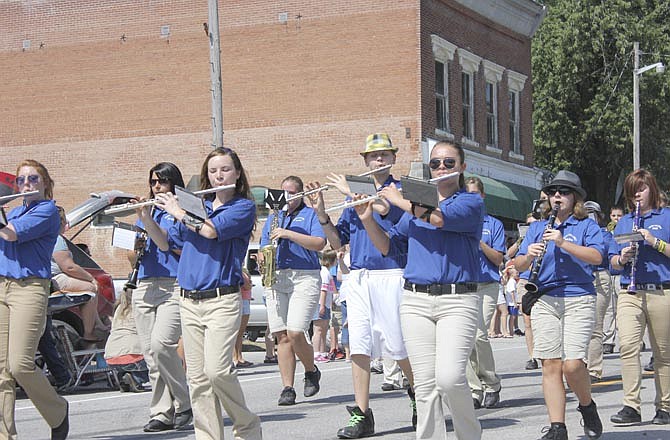 The South Callaway High School band marches in the parade at the Mokane Fair Saturday.